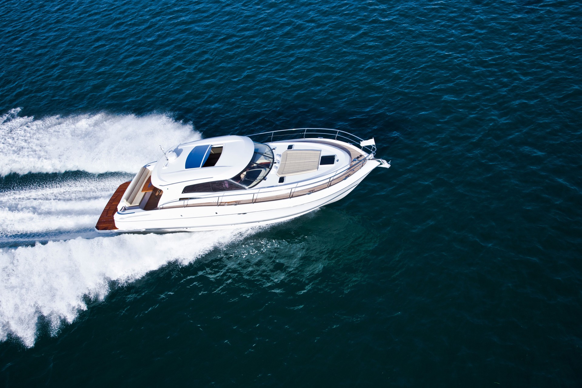 Aerial shot of a beautiful motor boat